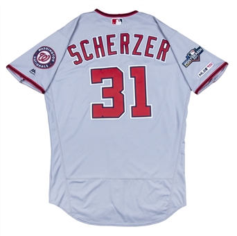 2019 Max Scherzer Game Used Washington Nationals Road Jersey Photo Matched To 9/8/2019 - 10th Win of the Season! (MLB Authenticated & Sports Investors Authentication)